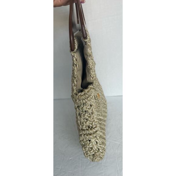 Handmade Ivory/Brown Boho Crochet Knit Macrame Beaded Wooden Handles Bag Purse - Picture 3 of 8